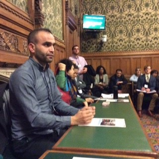 Ahmad explained the conditions in Yarmouk and the obstacles Palestinians face in seeking protection to a crowded room in Parliament